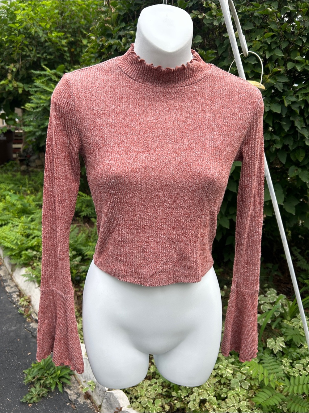 Forever 21 Rose Ribbed Mock-Neck Bell Sleeve Top